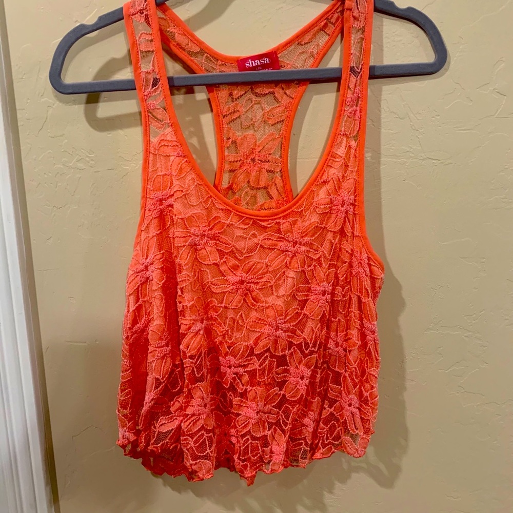 Coral sheer razorback tank top!
